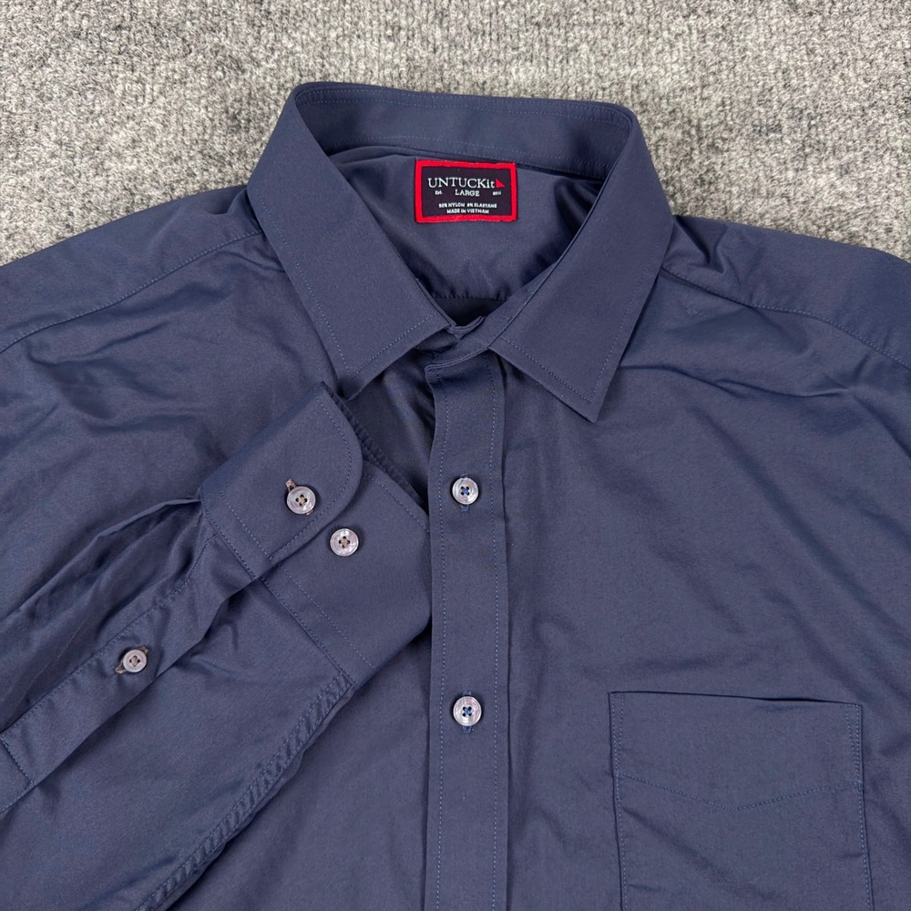 UNTUCKit‎ Men Gironde Navy Button Down Shirt Large Blue Nylon Performance EUC